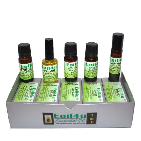 Eoil4u essential oil bottles with labels for stress, nail aid, deep sleep, anti fungal, and lip balm, displayed in a white box against a white background 