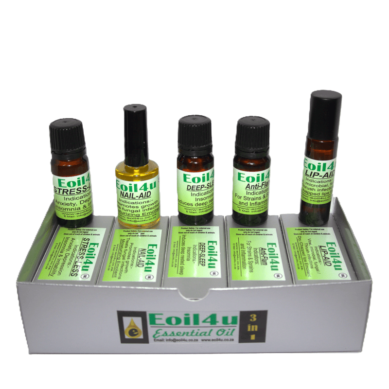 Eoil4u essential oil remedy set for stress, anxiety, deep sleep, anti-flu, nail aid, and microbe protection in small amber bottles with labels.