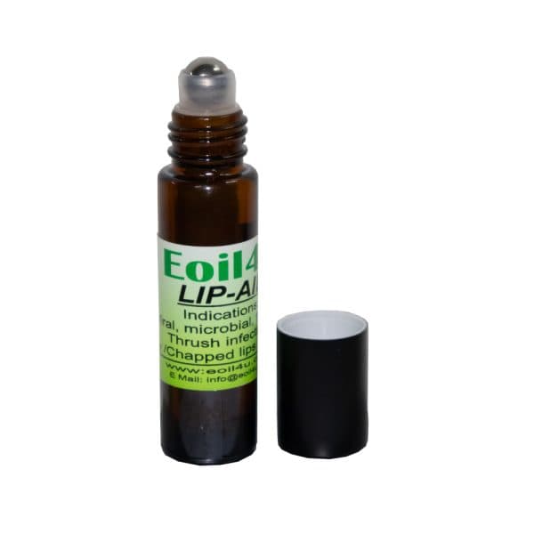 Eoil4u natural lip balm stick for chapped lips with antimicrobial and microbial infection protection in a brown and black container 