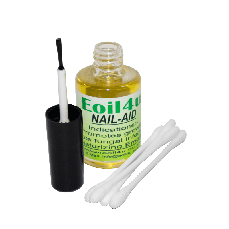 Eoil4u nail oil with applicator brush, cotton swabs, and nail treatment product for promoting healthy nail growth and fungal infection prevention.