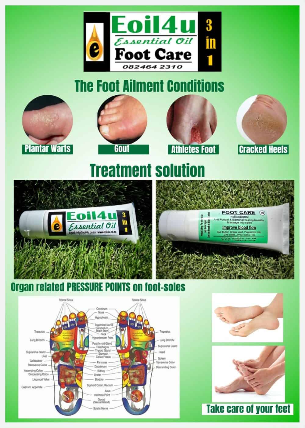 Natural foot care remedy with essential oils for foot ailments, toenail fungus, cracked heels, and plant based treatment solutions from Eoil4u 