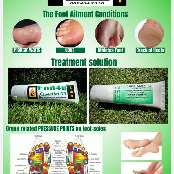 Natural foot care remedy with essential oils for foot ailments, toenail fungus, cracked heels, and plant based treatment solutions from Eoil4u 