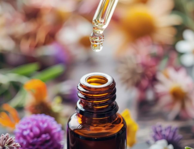 Premium essential oils in amber glass bottle with dropper, showcasing natural wellness and aromatic therapy products.